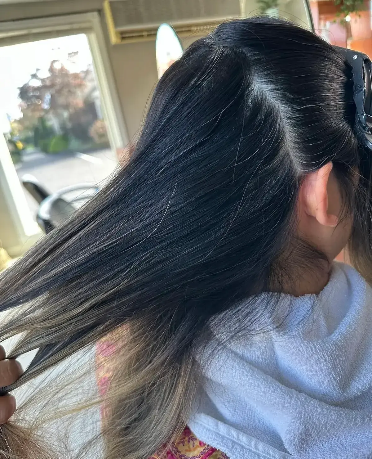 Before: natural dark hair with silver strands