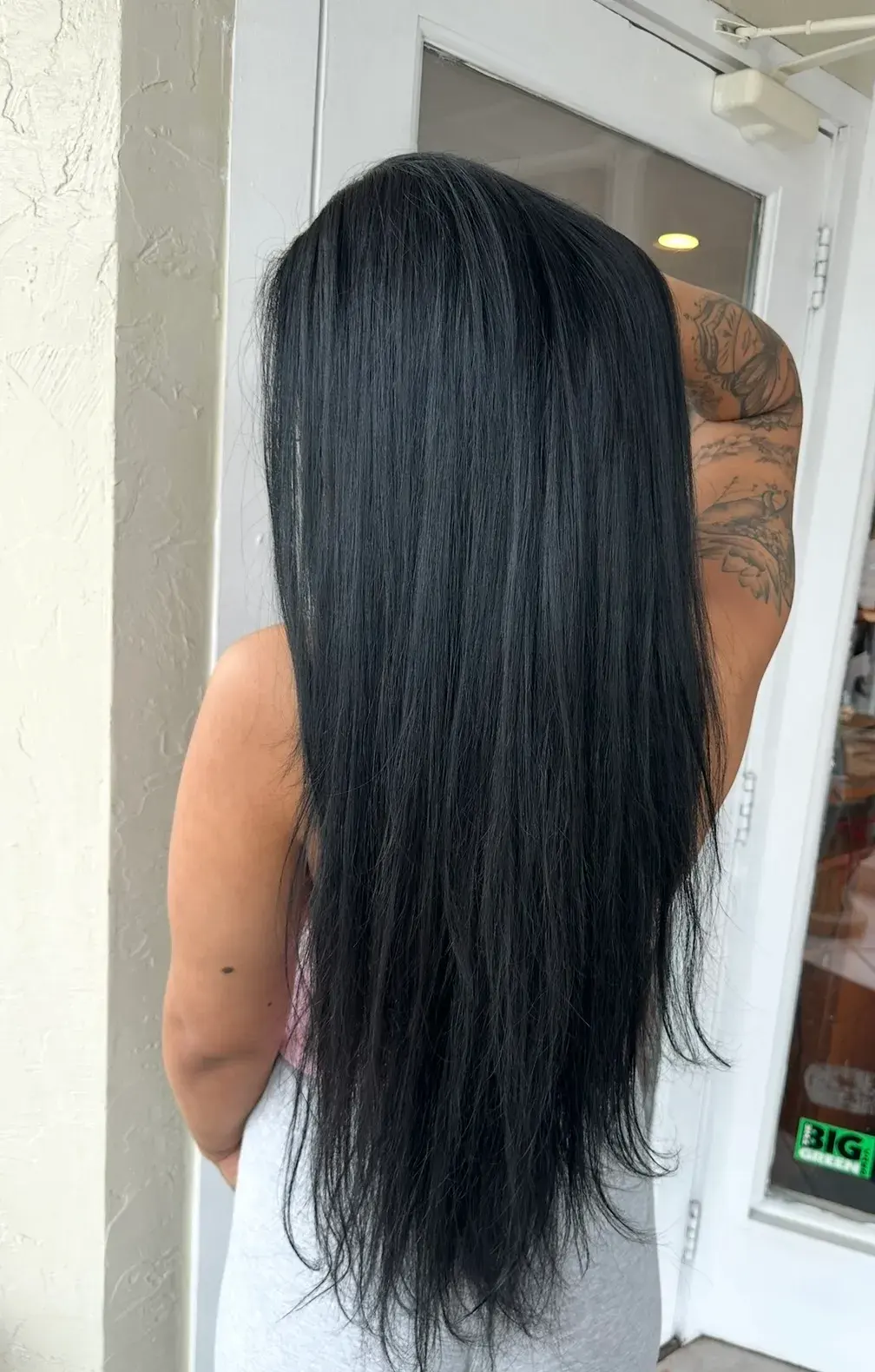 After: long, full hair with K-tip extensions