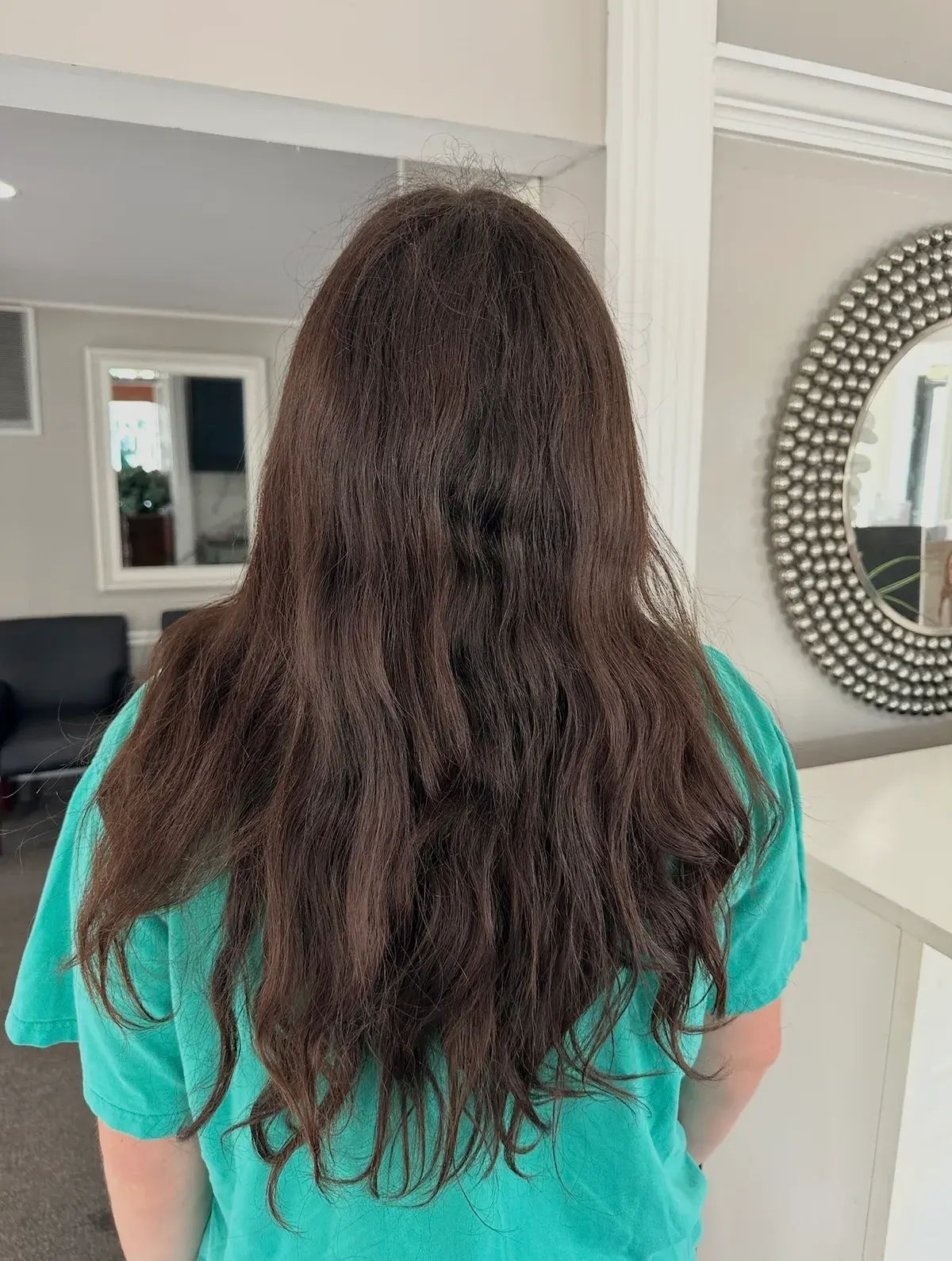 Before keratin smoothing: wavy hair with visible frizz